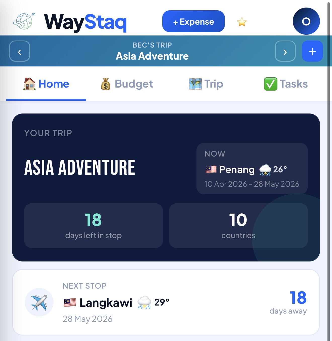 Waystaq trip planner, Asia adventure home screen