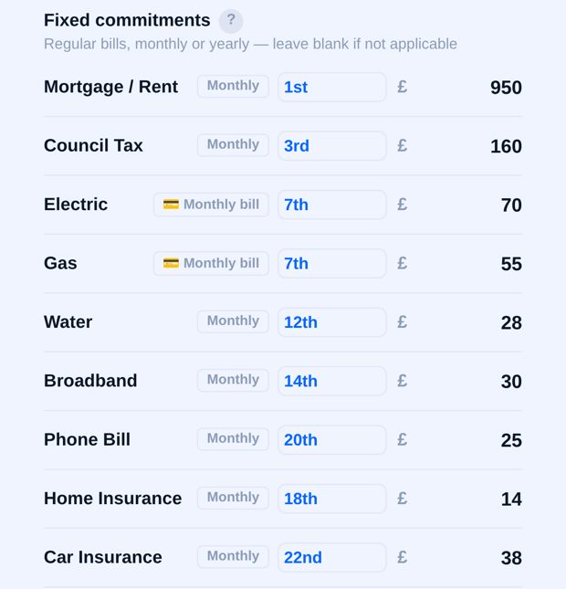 WayStaq bills tracker: monthly bills with the day each one goes out