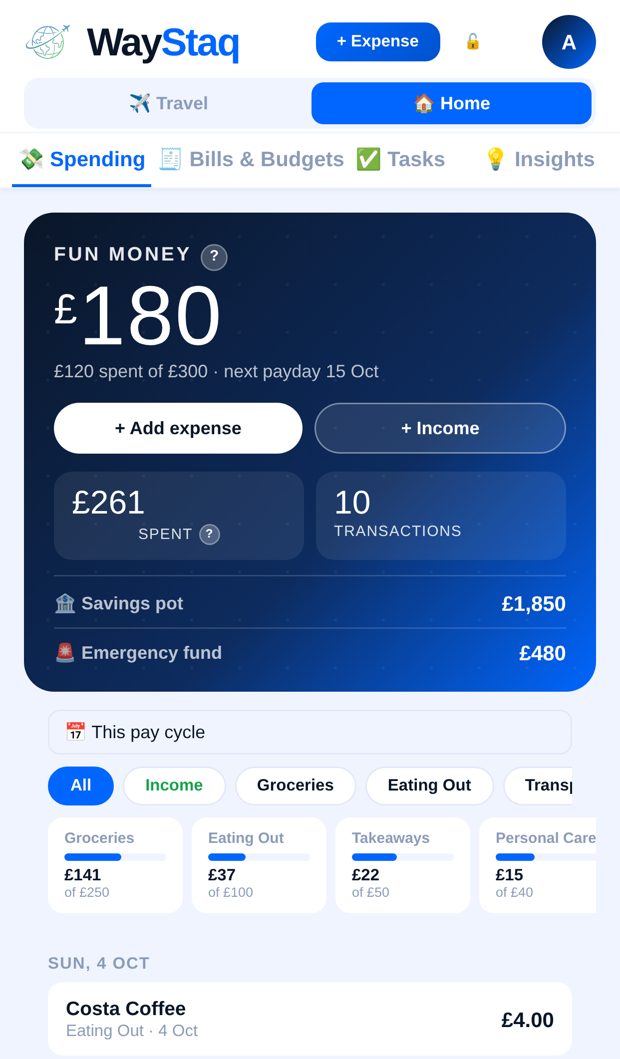WayStaq Home mode: fun money left this pay cycle, spending pots and recent everyday spending